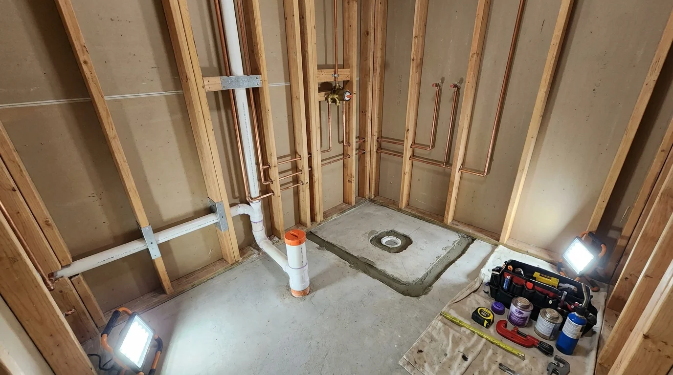 Bathroom rough-in plumbing during remodel by Johns Plumbing LLC in Mackinaw