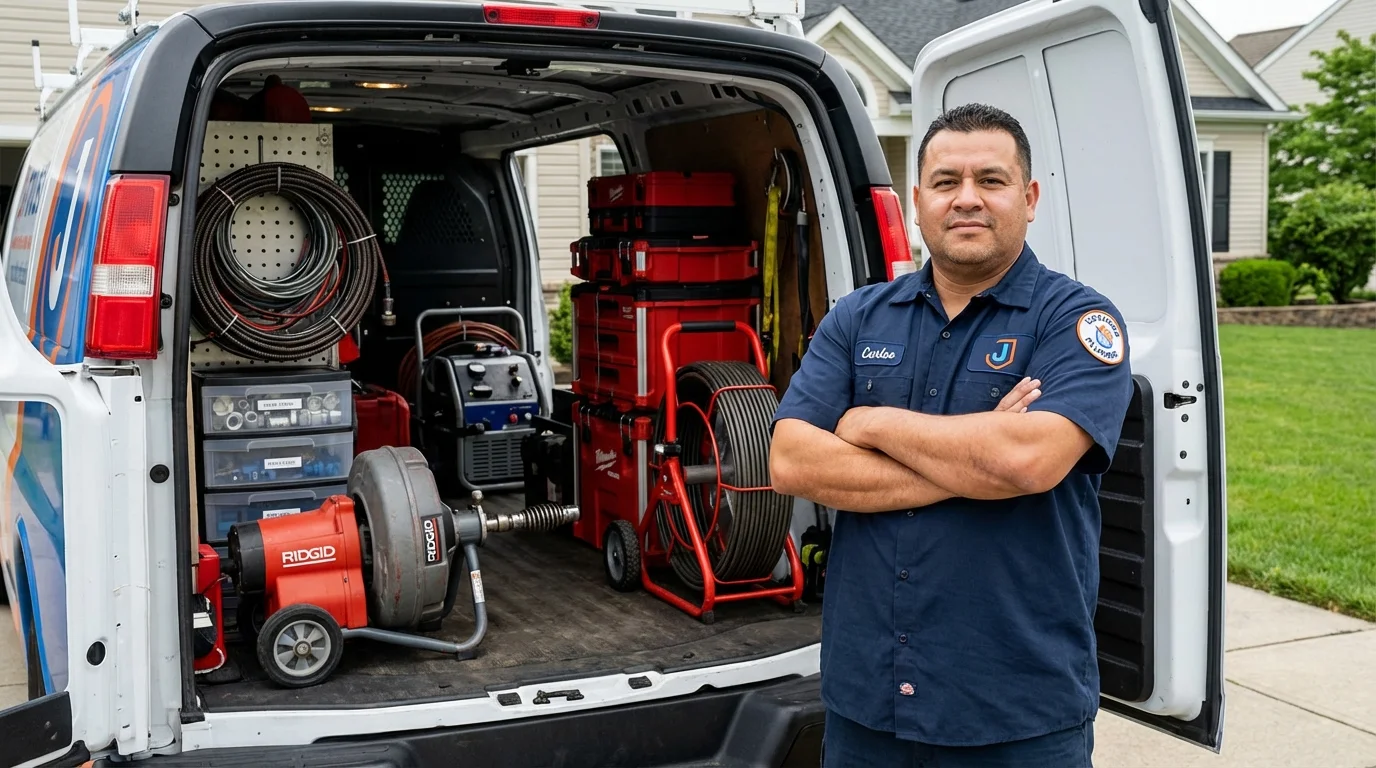Professional drain cleaning equipment and Johns Plumbing LLC plumber in Mackinaw