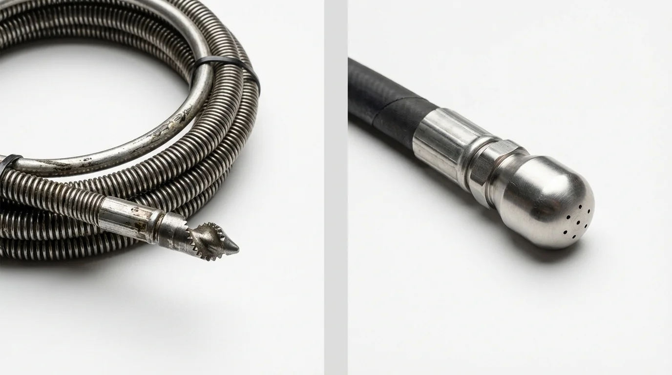 Drain snake cable and hydro jetting nozzle used for drain cleaning in Mackinaw, IL
