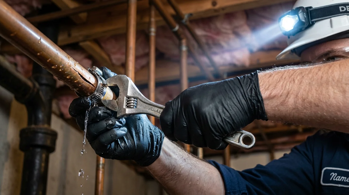 Emergency pipe clamp repair being performed by a Johns Plumbing LLC plumber in Mackinaw