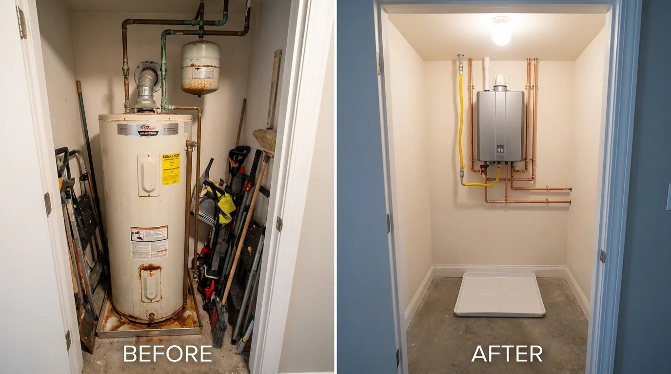 Tank water heater versus wall-mounted tankless unit comparison for Mackinaw, IL homeowners