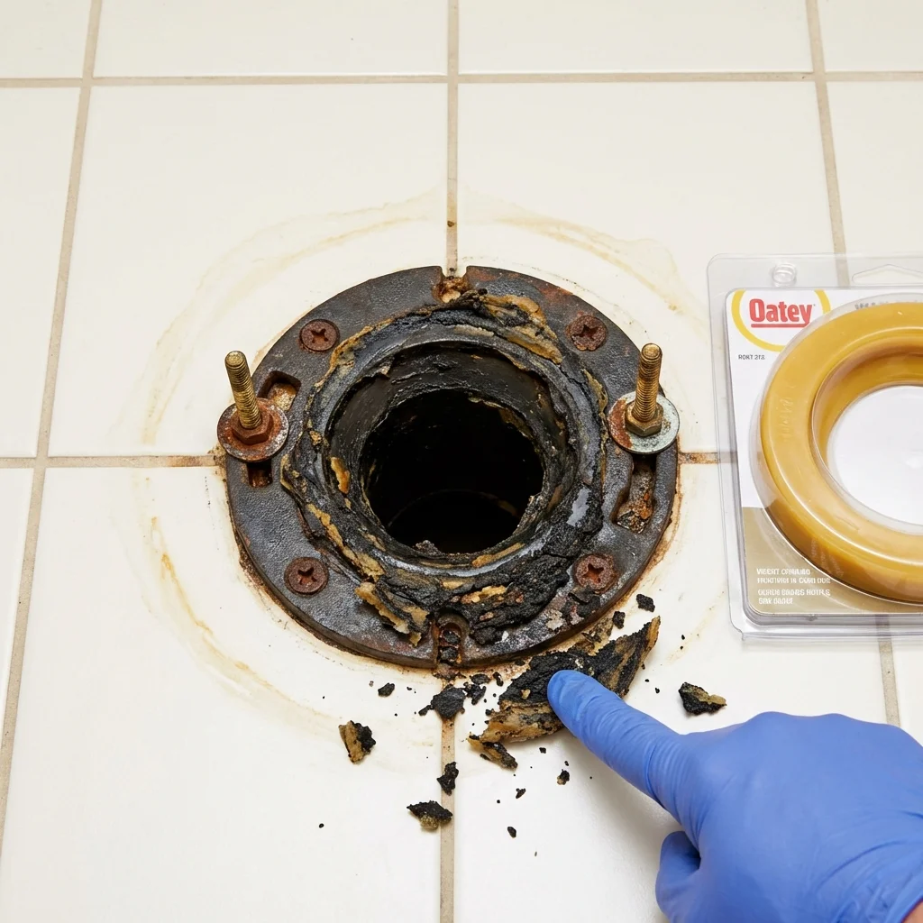 Failed wax ring showing water seepage at the base of a toilet in a Mackinaw, IL home